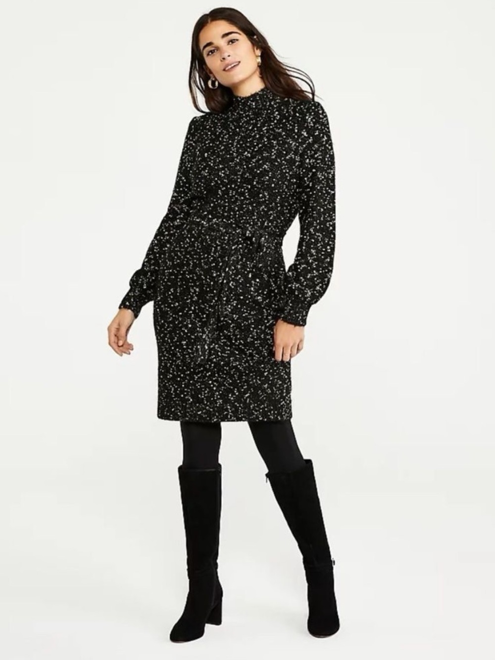 Ann Taylor Women's Shimmer Mock Neck Puff Sleeve Belted Sweater Dress Sz XS Cozy